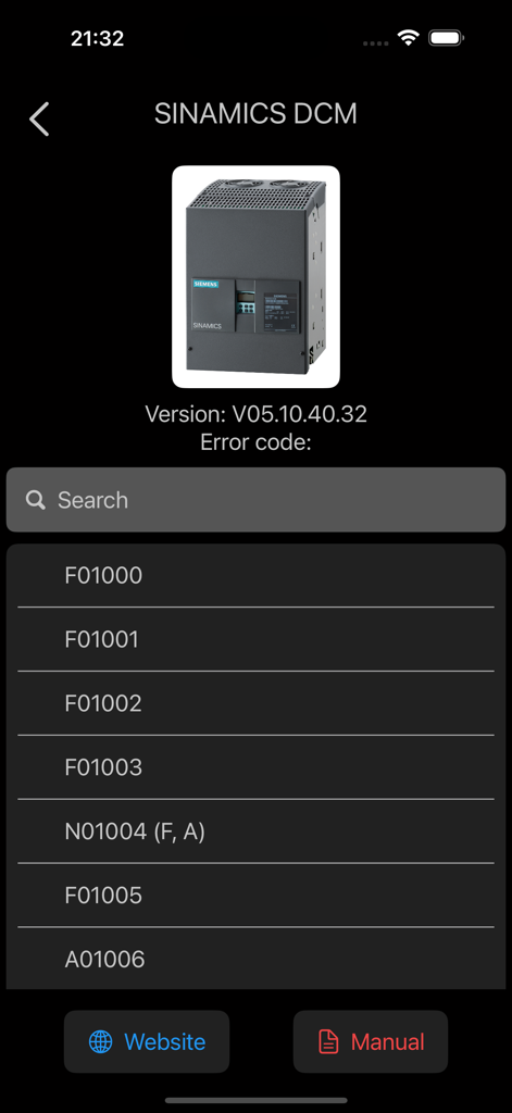 SINAMICS Fault Finder - Mobile app screen displaying a list of error codes for a SINAMICS DCM industrial converter