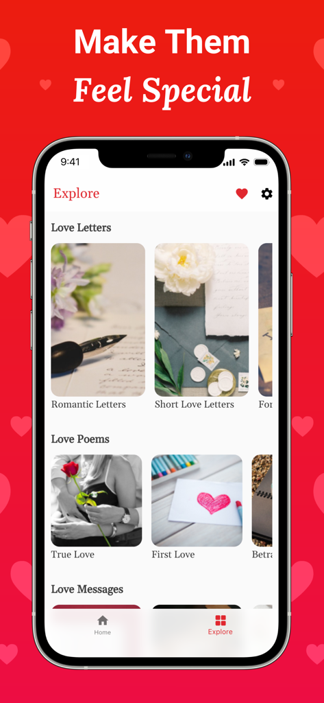 A mobile app screenshot showing categories for romantic letters poems and messages with the heading Make Them Feel Special
