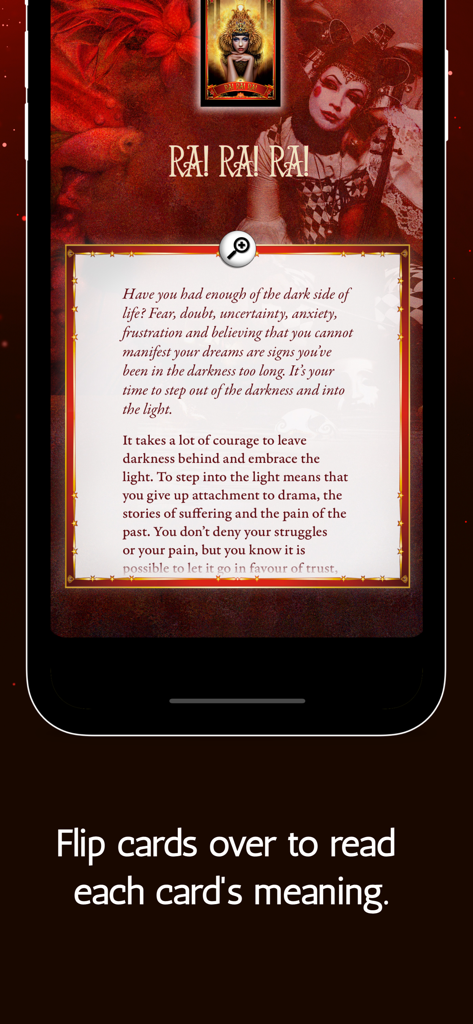 Divine Circus Oracle - A screen showing the spiritual meaning of an oracle card in the Divine Circus app