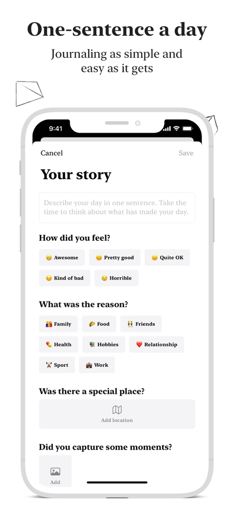 Private Journal: Punkt - Punkt app user interface for creating a one sentence daily journal entry including mood emojis and category tags.