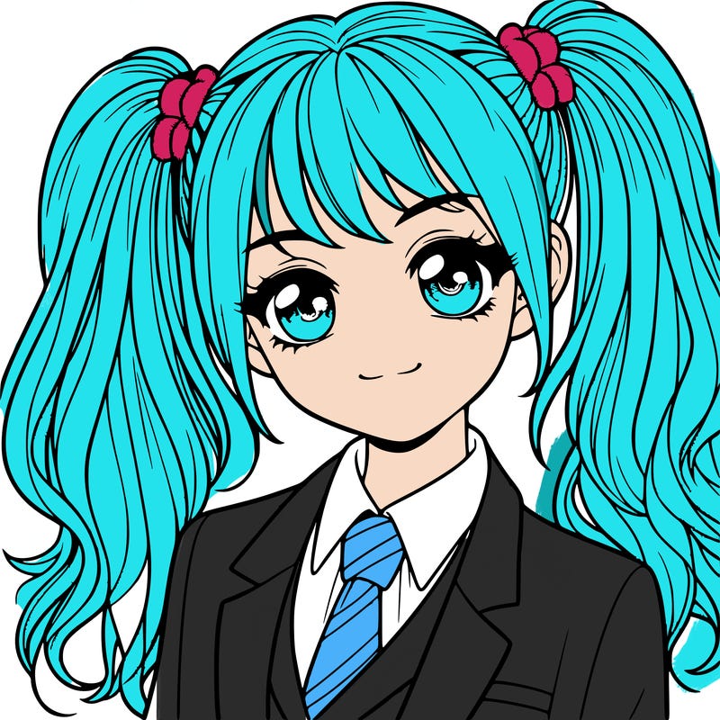 realistic girl with two ponytails and a suit on