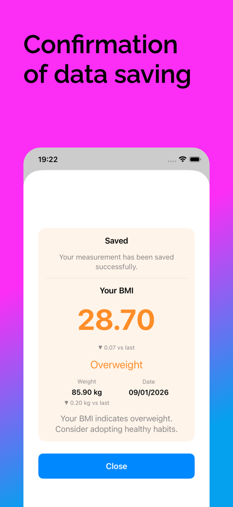 BMI Calculator – Health Tool - Una captura de pantalla de una aplicación móvil que muestra un resultado de cálculo de IMC de 28.70 guardado con éxito con un indicador de categoría de sobrepeso