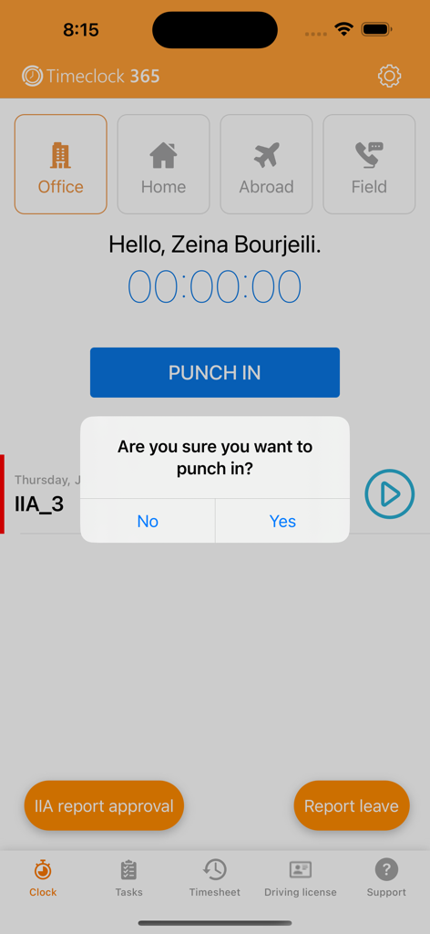 Timeclock 365 Time Tracker - Timeclock 365 mobile app punch in confirmation screen