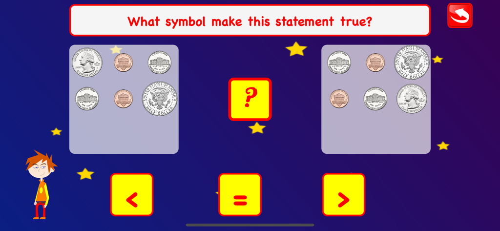 Coins Math Learning Games Kids - A kids educational game interface for comparing the total value of different US coins