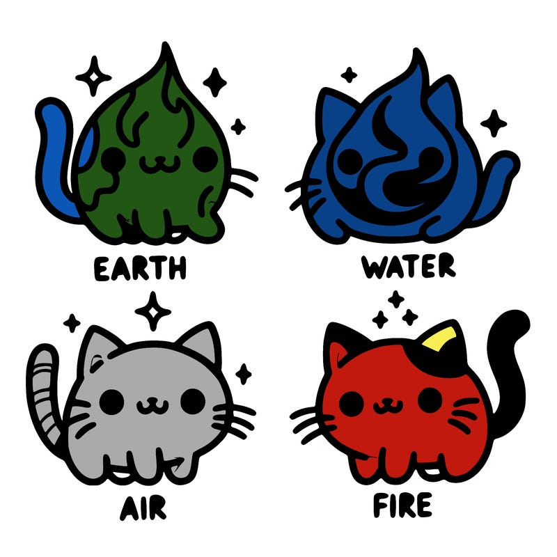 4 cats that represent the different elements, earth, water, air, and fire