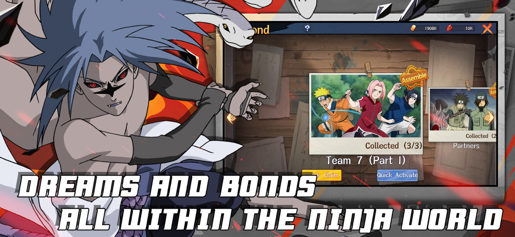 Konoha Shippuden: Ninja War - Tela de coleção de personagens em Konoha Shippuden Ninja War com membros do Time 7