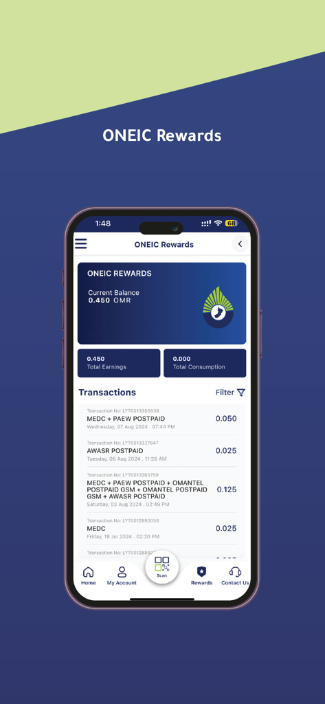 ONEIC Pay - Mobile application screen displaying ONEIC Pay rewards balance in Omani Rials and a detailed history of bill payment transactions