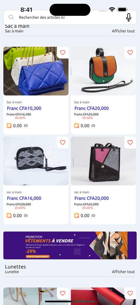 Kasuwa Niger - A mobile screen from the Kasuwa Niger shopping app displaying a selection of women's handbags with prices in West African CFA francs and a promotional banner.