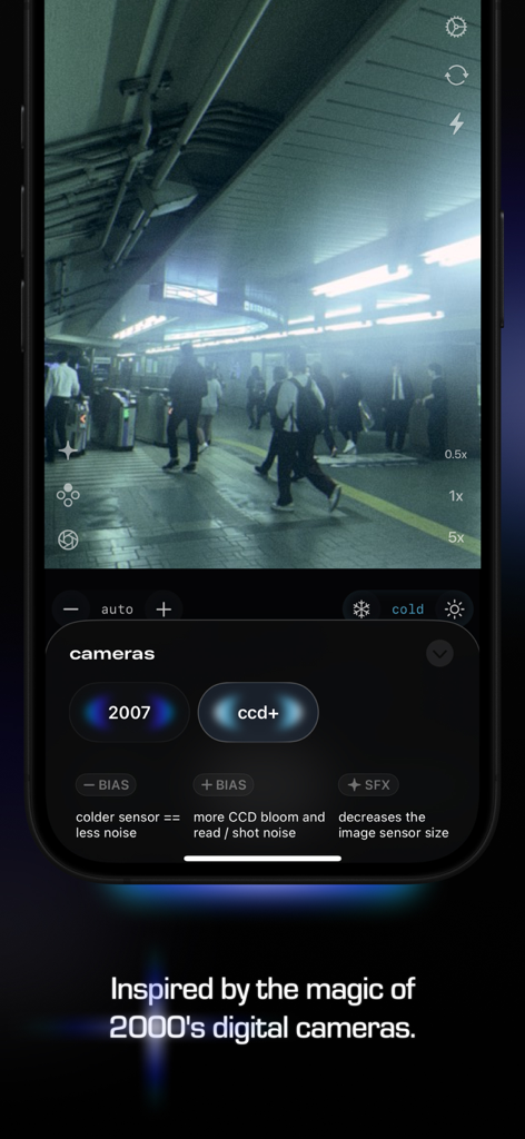 CoreCam - A screenshot of the CoreCam app showing a vintage digital camera filter applied to a photo of people in a train station with controls for sensor bias and sfx.