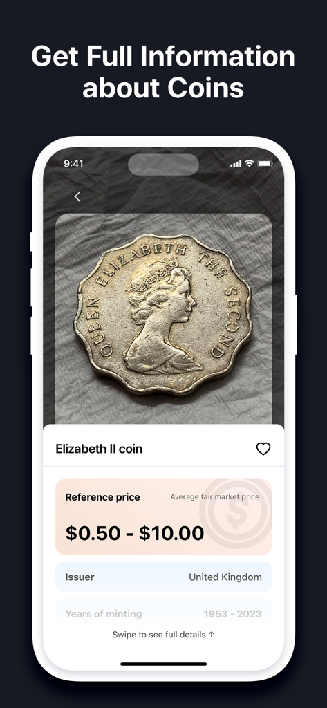 A mobile screen showing the EveryScan app identifying a British Elizabeth II coin with price and issuer information.