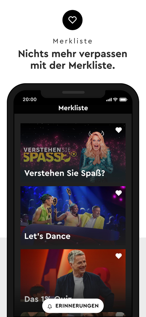 HD+ - Oberfläche der HD Plus App mit einer Beobachtungsliste deutscher Fernsehprogramme und einer Erinnerungsschaltfläche