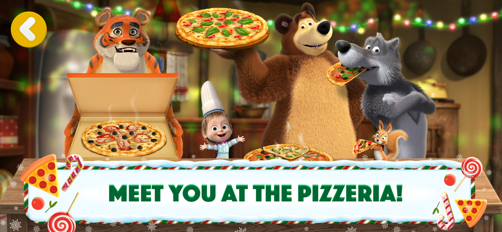 Masha and The Bear: Pizzeria! - Masha and the Bear characters with fresh pizzas in a festive pizzeria scene