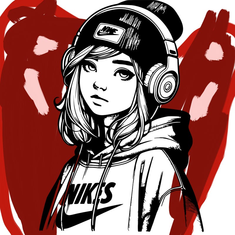 realistic girl wearing a hoodie and a beanie and headphones and nikes