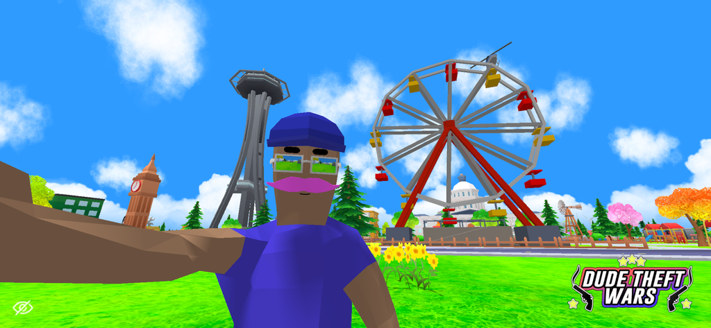 Dude Theft Wars FPS Open World - Un personaje low-poly con un bigote rosa tomándose una selfie frente a una noria y monumentos de la ciudad en Dude Theft Wars.