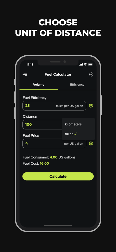 Fuel Calculator App - Fuel calculator app interface showing distance unit selection menu for miles or kilometers