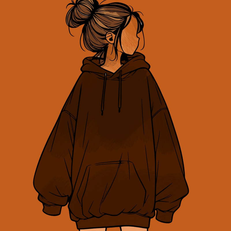 realistic girl with a oversized sweatshirt on and a bun