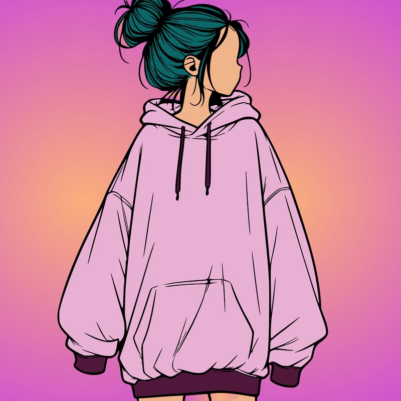 realistic girl with a oversized sweatshirt on and a bun