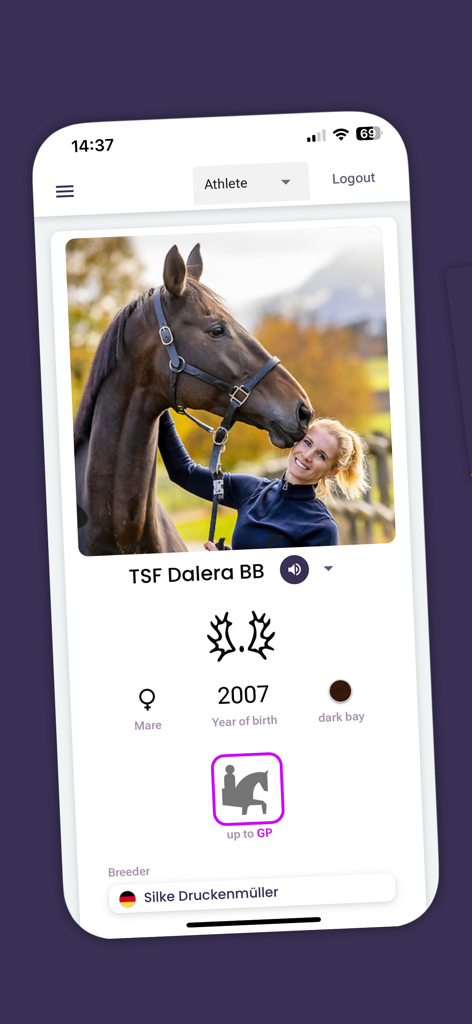 Equestrian Hub - Equestrian Hub app screen showing a detailed horse profile for TSF Dalera BB including its photo, year of birth, and breeder information.