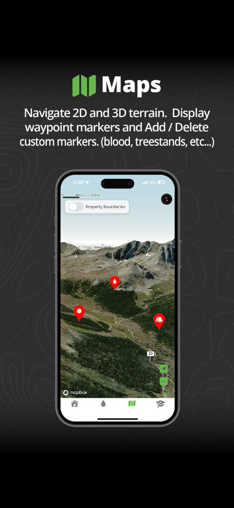 Track N Trail - Hunting & Maps - Track N Trail app interface displaying 3D hunting maps with waypoint markers and property boundaries