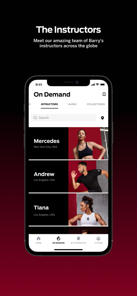 A list of elite fitness instructors on the Barrys X mobile app interface