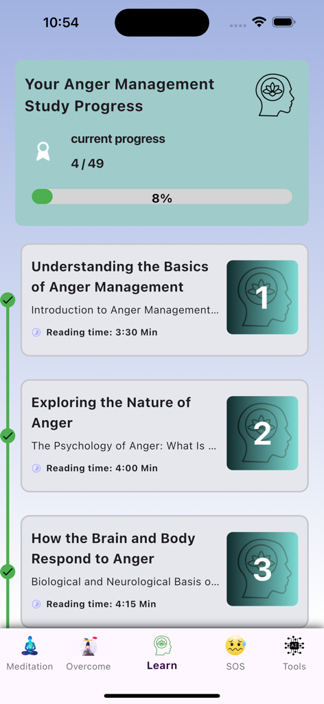 Calmify: Anger Management - Calmifyアプリのダッシュボード。アンガーマネジメント学習の進捗状況とキュレーションされた学習トピックが表示されています。