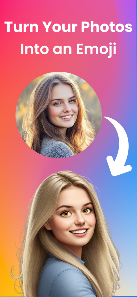 A demonstration showing a real photo of a woman being transformed into a stylized AI emoji avatar.