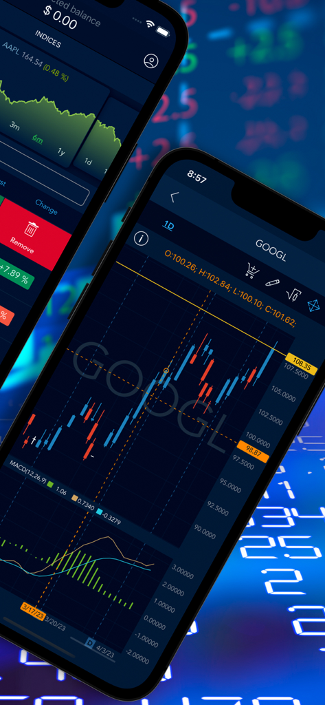 Tradoverse-Mobil-App-Oberfläche, die Aktien-Candlestick-Charts und Marktindikatoren anzeigt