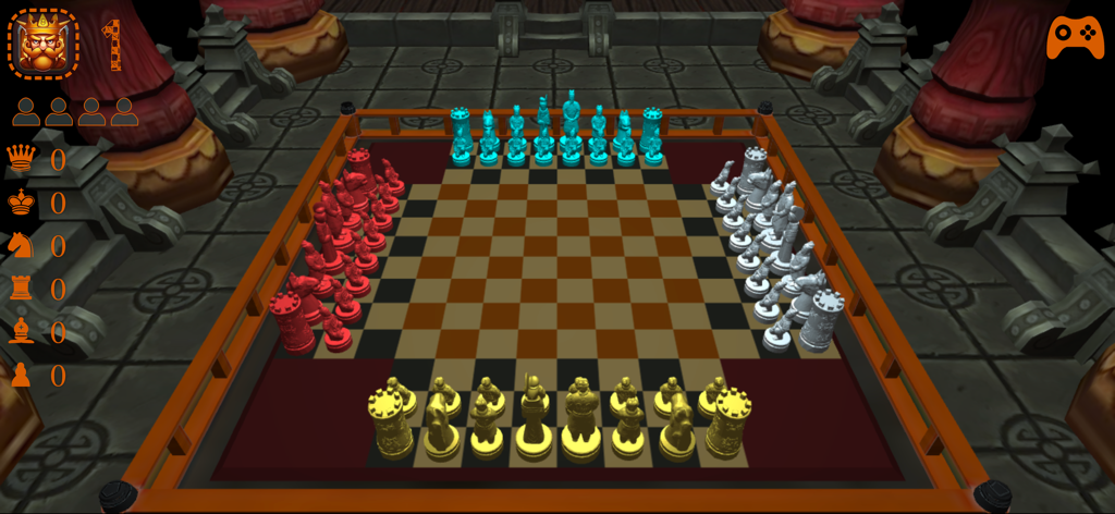 CHESS MATES ™ - Ein 4-Spieler-Schachspiel in einem Dojo-thematisierten Raum mit bunten Figuren auf dem Brett
