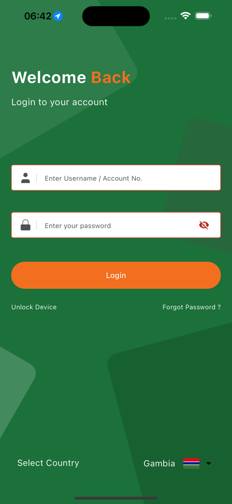 Bloom Bank Mobile - Login screen for Bloom Bank Mobile app showing username and password fields with Gambia country selection