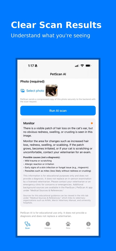 PawScan AI - PawScan AI モバイルアプリのインターフェース。ペットのスキャンレポート、モニターの状態、猫の耳の懸念事項の明確な分析を表示。