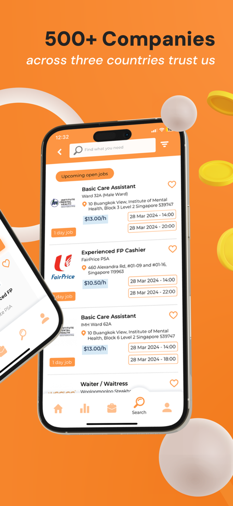 Jod app screen showing flexible job listings and hourly pay rates