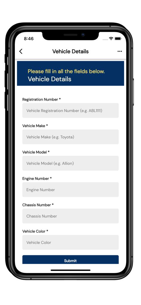 My PICZ - A mobile screen from the My PICZ app showing a form to enter vehicle registration and insurance details.