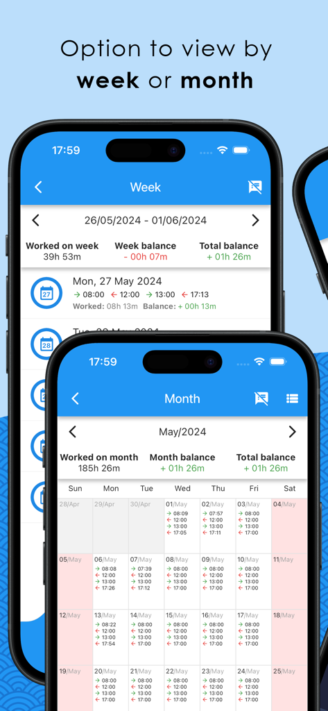Easy Time Tracker ◴ - Easy Time Tracker app interface showing work hours organized by week and month on two smartphones