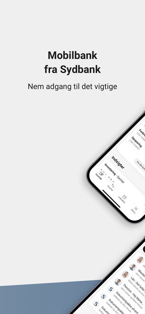 Sydbanks Mobilbank Privat - Sydbank mobile banking app interface showing accounts and investments on a smartphone