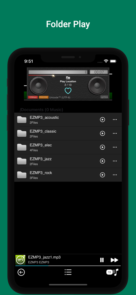 Screenshot di EZMP3 Player Pro che mostra la funzione Folder Play con categorie musicali organizzate.
