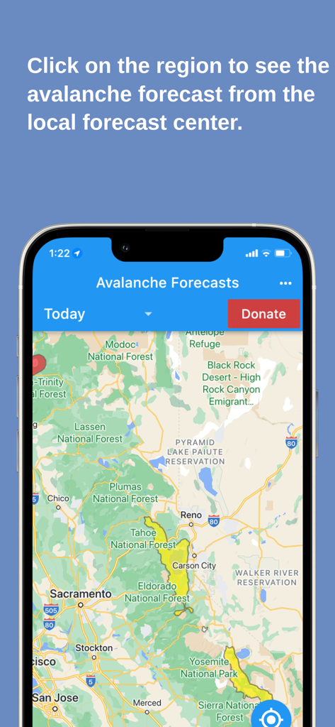 Avalanche Forecasts - Avalanche Forecasts app showing a color coded safety map for backcountry regions