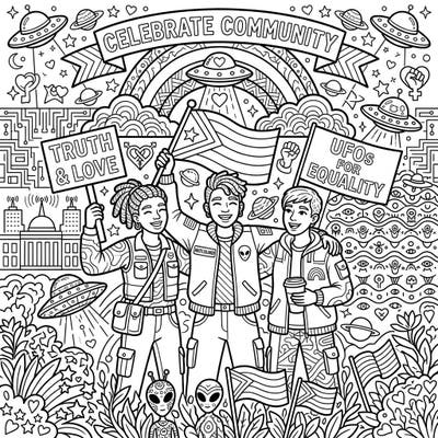 Embark on an extraordinary coloring journey with this unique page, blending the intrigue of UFO Whistleblowers with the vibrant spirit of Pride Month. Celebrate themes of truth, love, and equality through a richly detailed scene brimming with community and cosmic wonders.