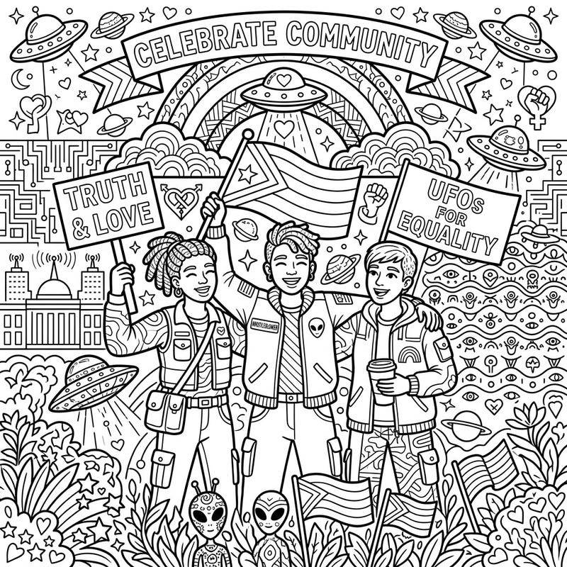 Embark on an extraordinary coloring journey with this unique page, blending the intrigue of UFO Whistleblowers with the vibrant spirit of Pride Month. Celebrate themes of truth, love, and equality through a richly detailed scene brimming with community and cosmic wonders.