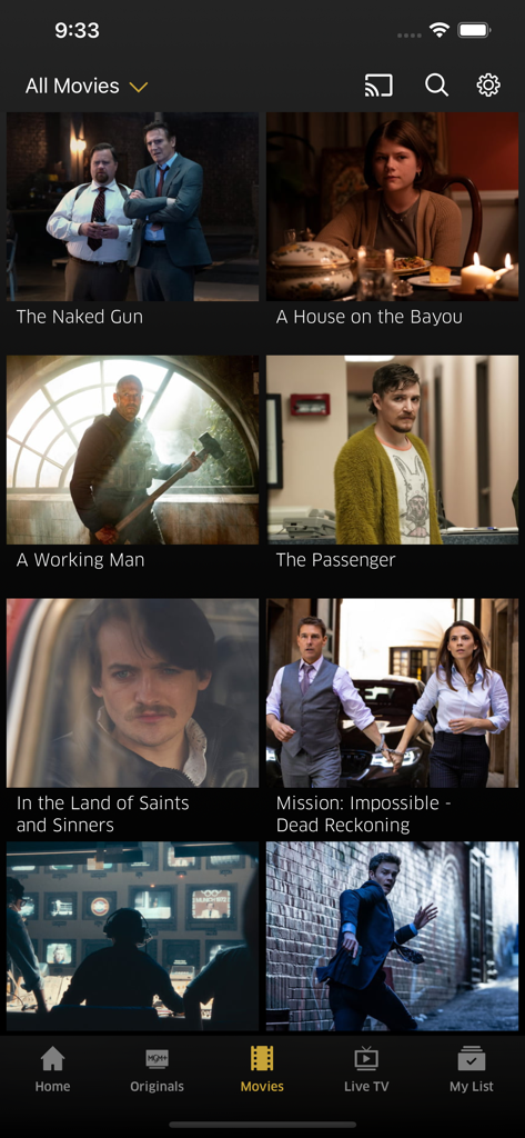 App MGM plus che mostra la scheda film con una selezione di film popolari in un layout a griglia.