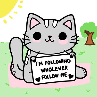 cat with a sign that says i’m following whoever follows me
