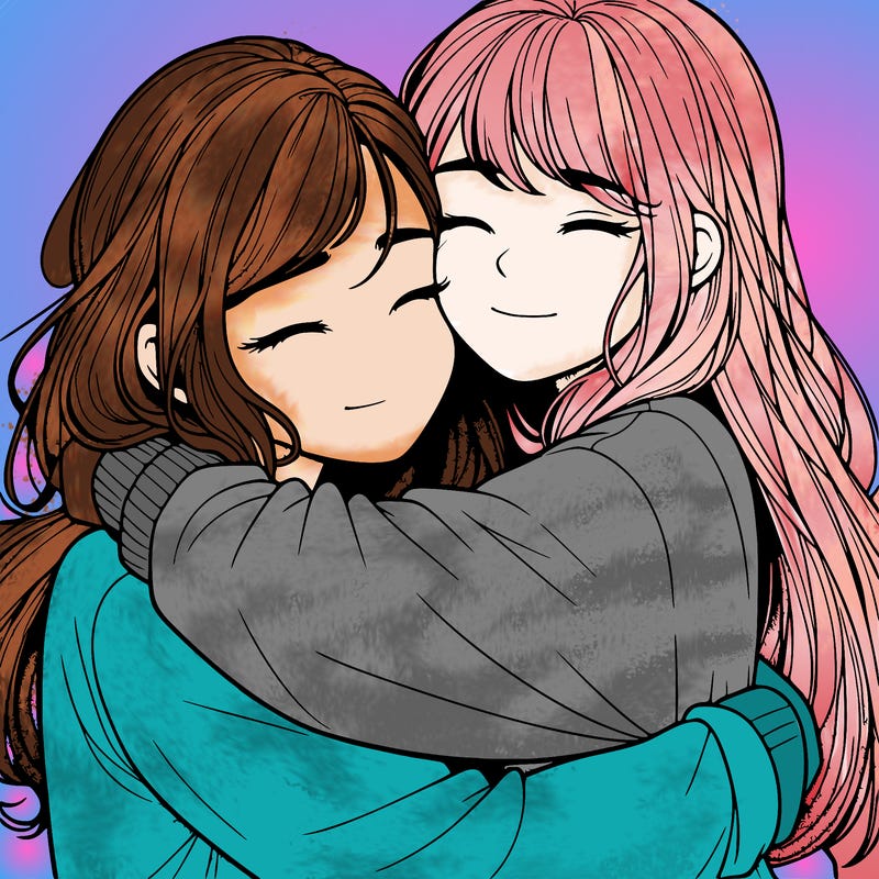 realistic two girls hugging