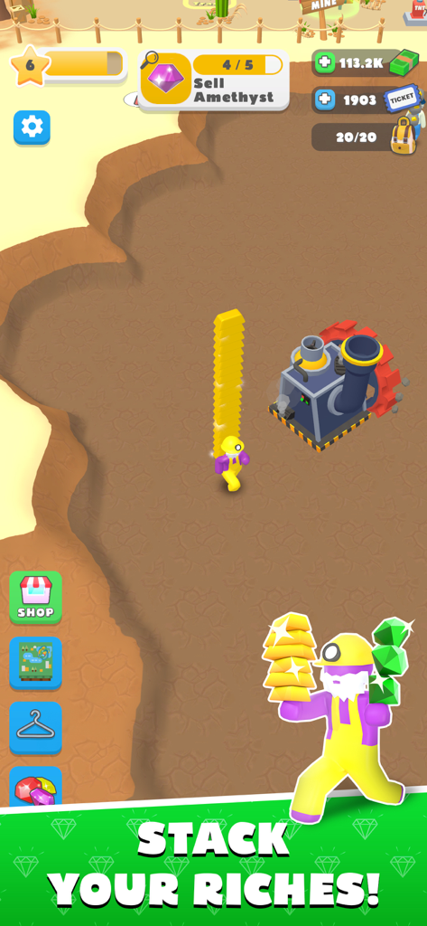 Miner Tycoon :  Big Dynamite - A character in Miner Tycoon Big Dynamite carrying a tall stack of gold bars next to a processing machine.