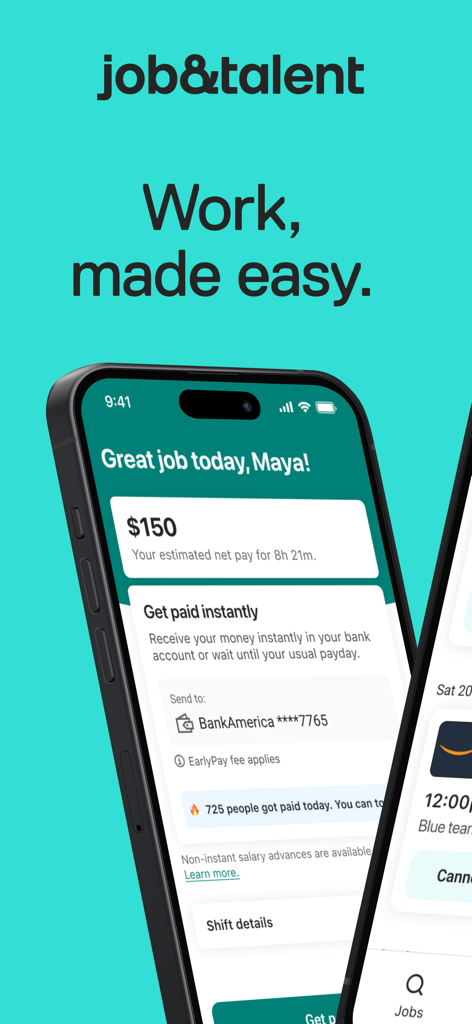 Pantalla de smartphone que muestra la función de pago instantáneo de la aplicación Job and Talent para trabajadores por horas