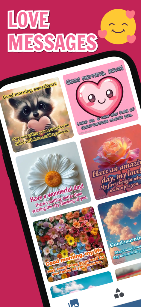 Good Morning Messages & Wishes - A collection of romantic good morning messages and love-themed greeting cards in a mobile app.