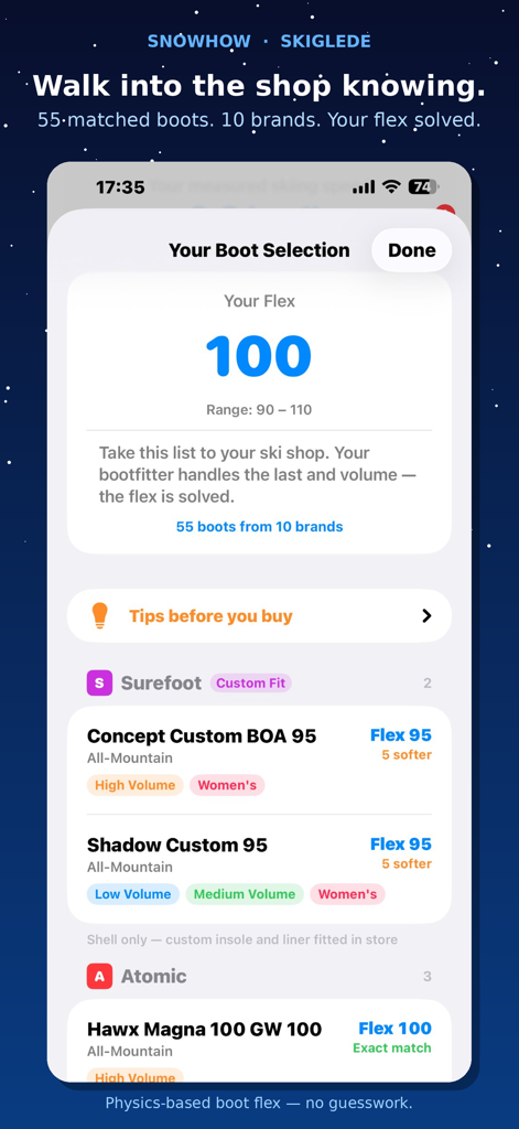Skiglede: Ski Boot Flex Finder - Mobile App-Oberfläche mit einer Skischuh-Flex-Bewertung von 100 und vorgeschlagenen Schuhmodellen basierend auf den Leistungsdaten des Benutzers.