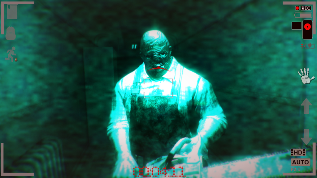 Mental Hospital V - Captura de pantalla del juego con visión nocturna que muestra a un hombre enmascarado aterrador sosteniendo una motosierra en Mental Hospital V