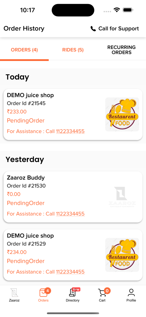 Zaaroz Food Ordering App - Écran de l'application de commande de nourriture Zaaroz affichant l'historique des commandes récentes et le statut de livraison
