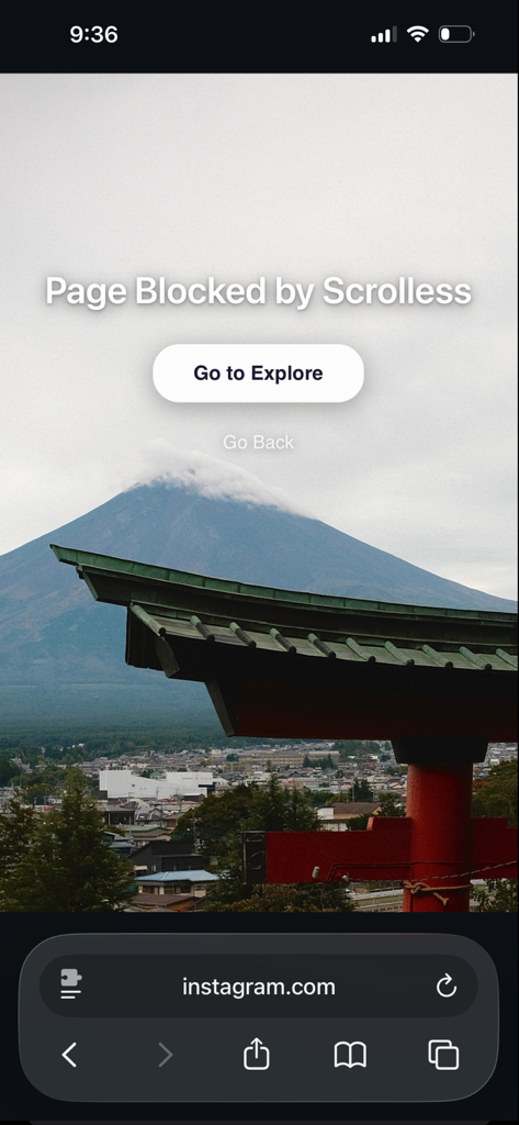 Scrolless Feed Blocker - Scrolless Feed Blocker interface showing a blocked Instagram page in the Safari browser with a scenic mountain background