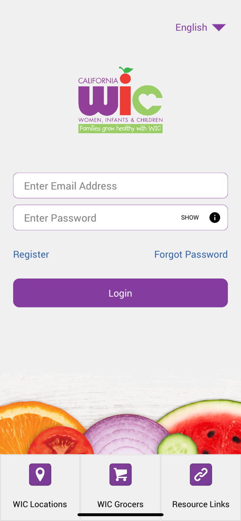 California WIC app login screen featuring email and password fields and navigation for locations and grocers