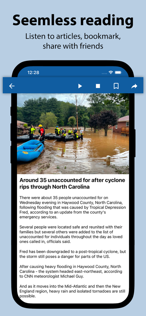 All the News - UK - A mobile news app interface displaying a news article with options to listen to the text, bookmark, and share.